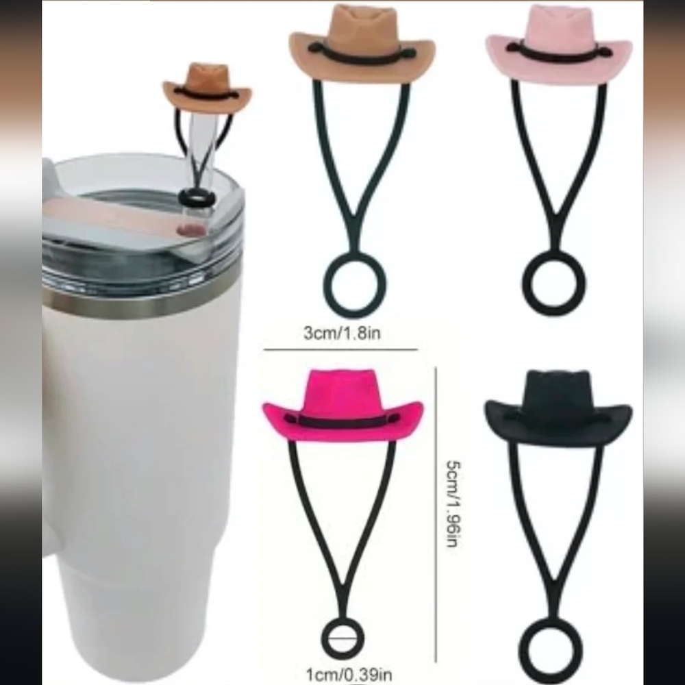 Cowboy Hat Tumbler Lid Straw Toppers Pink Black Brown